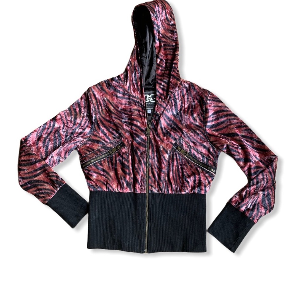 Vintage D&G Crop Hooded Zebra Velour Zip Jkt